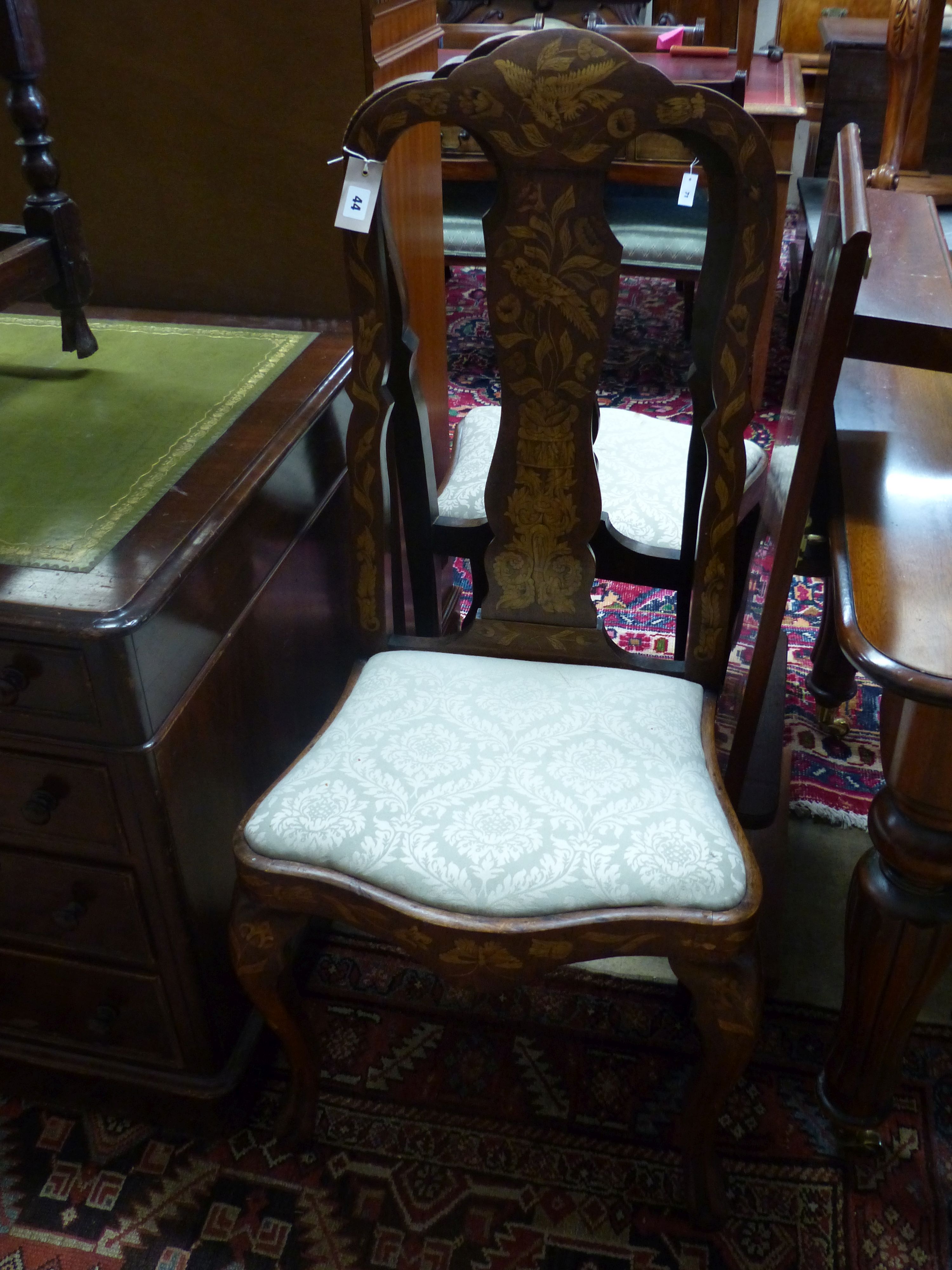 A pair of Dutch marquetry and beech side chairs